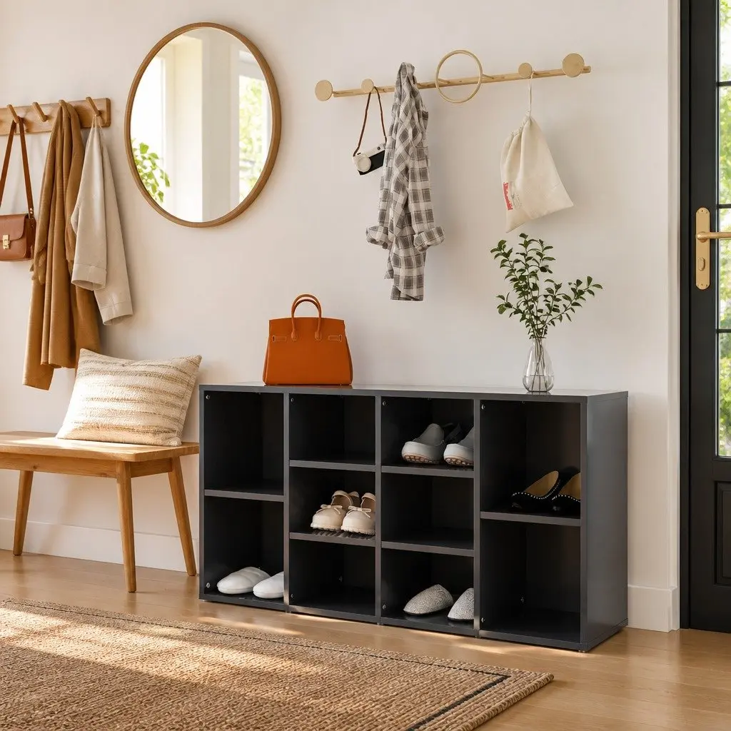 Shoe Bench Storage Organiser Grey 10 Shelves Home Organisation 103 x 30 x 55 cm