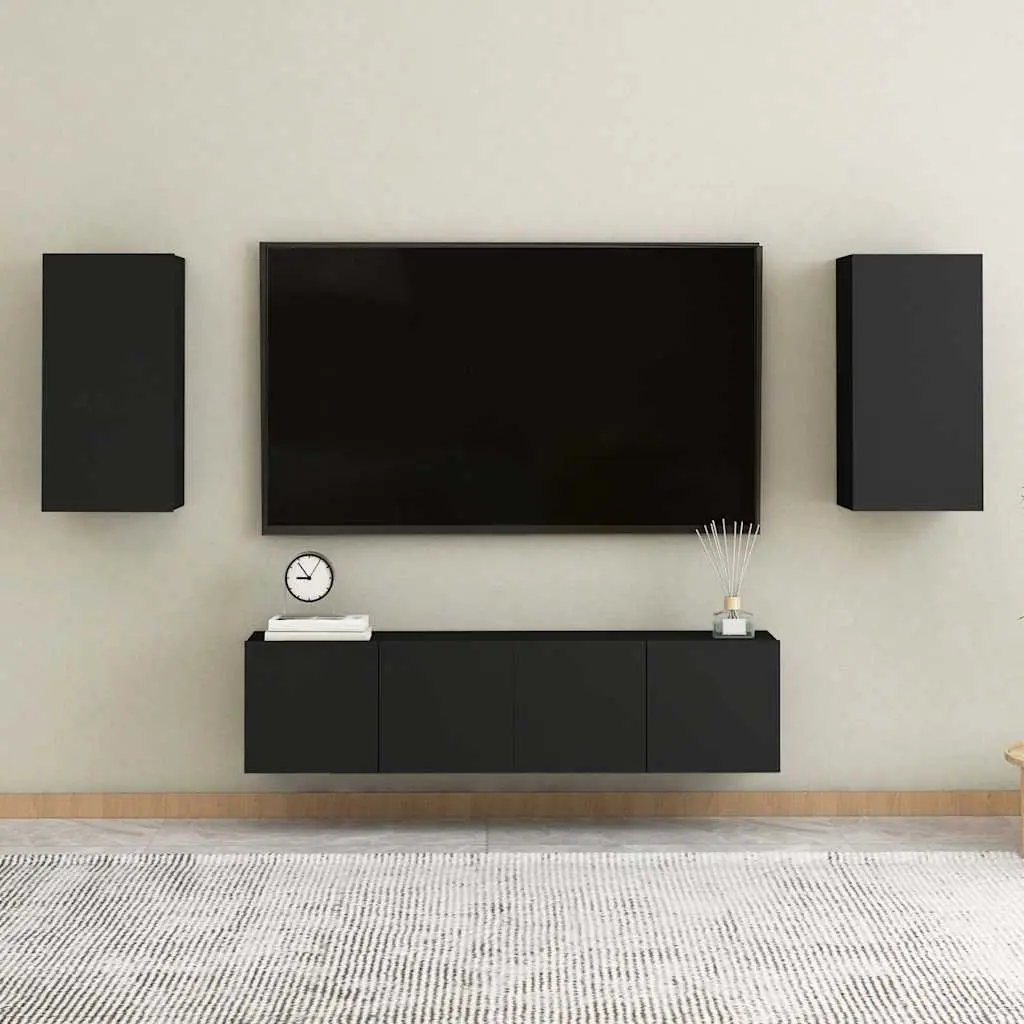 Wall-Mounted Black TV Cabinet Set