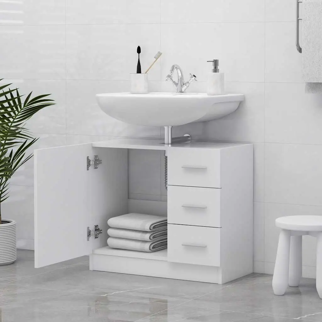 White Engineered Wood Bathroom Vanity Unit with Drawers for Sink Storage 63x30x54cm