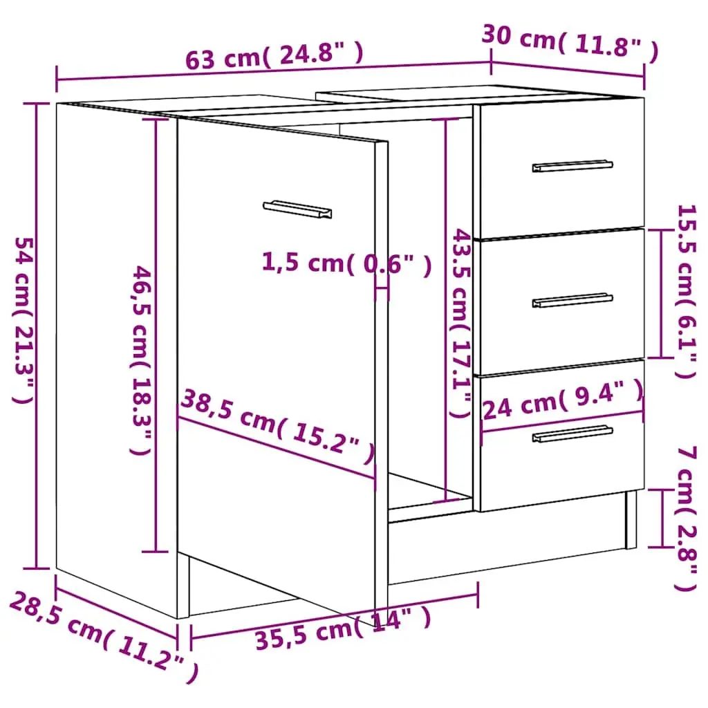 White Engineered Wood Bathroom Vanity Unit with Drawers for Sink Storage 63x30x54cm