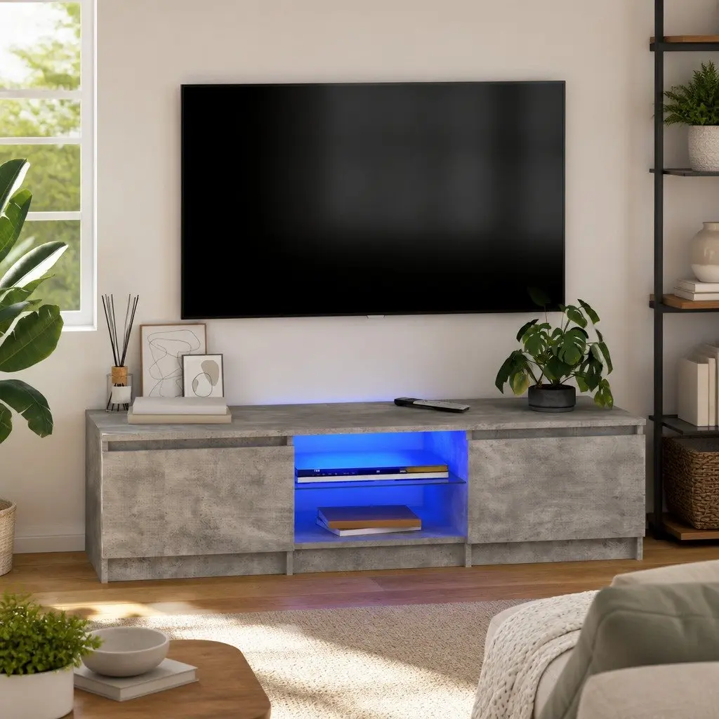 TV Cabinet Grey Storage Unit with LED Lights Shelves Compartments Living Room