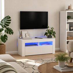 TV Cabinet White LED Lights Storage Unit Modern Media Console Entertainment