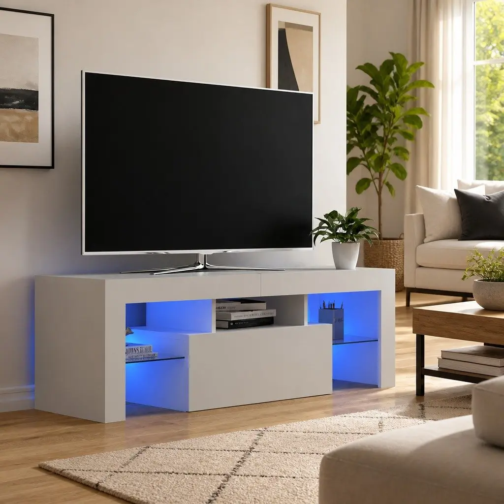 TV Cabinet for Living Room with RGB LED Lights White Modern Media Stand