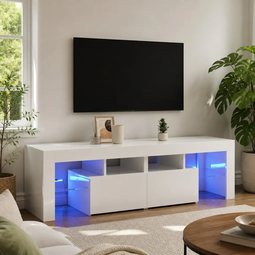 TV Cabinet with RGB LED Lights Modern Storage Unit High Gloss White