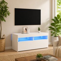 TV Cabinet White 90x35x40 cm with RGB LED Lights Media Storage Entertainment