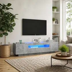 Dimensions and Features of a Modern Grey TV Cabinet with LED Lights