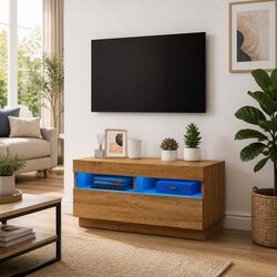 TV Cabinet with RGB LED Lights Brown Wooden Media Entertainment Stand Storage