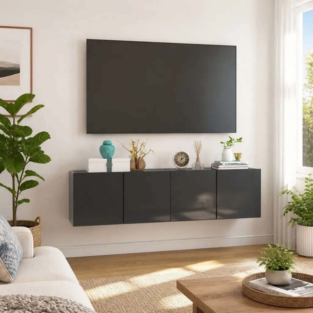 Wall Mounted TV Cabinet Set 2 Piece Living Room High Gloss Grey Storage Unit