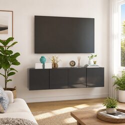 Wall-Mounted TV Cabinet Set in High Gloss Grey - Specs Included