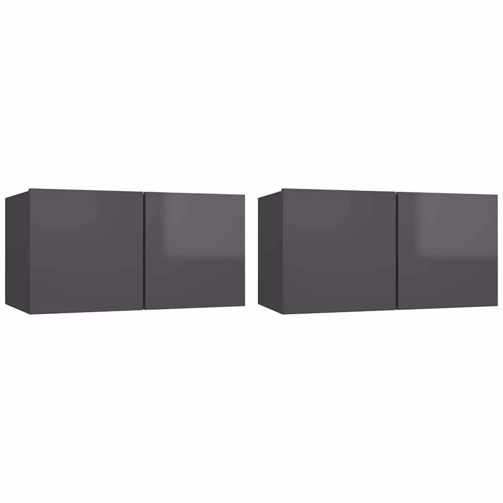 Wall Mounted TV Cabinet Set 2 Piece Living Room High Gloss Grey Storage Unit