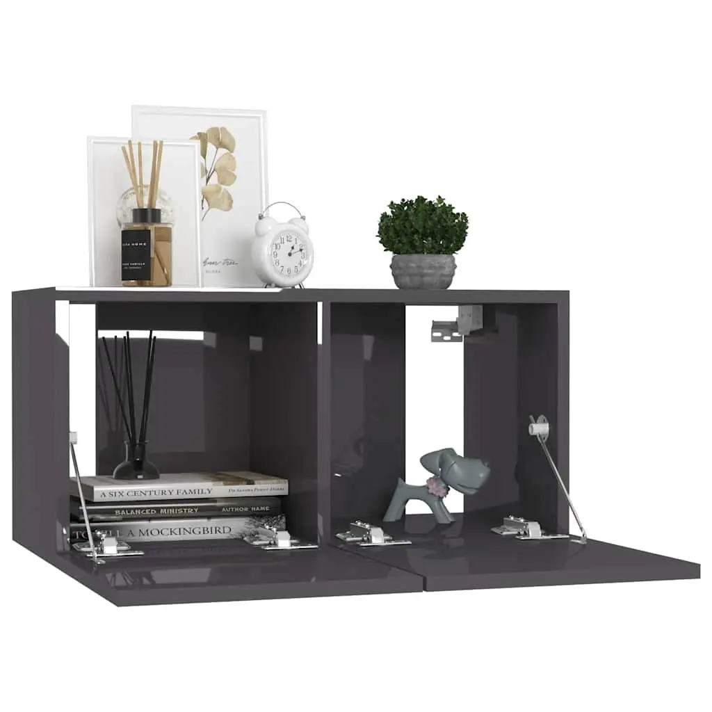 Wall Mounted TV Cabinet Set 2 Piece Living Room High Gloss Grey Storage Unit