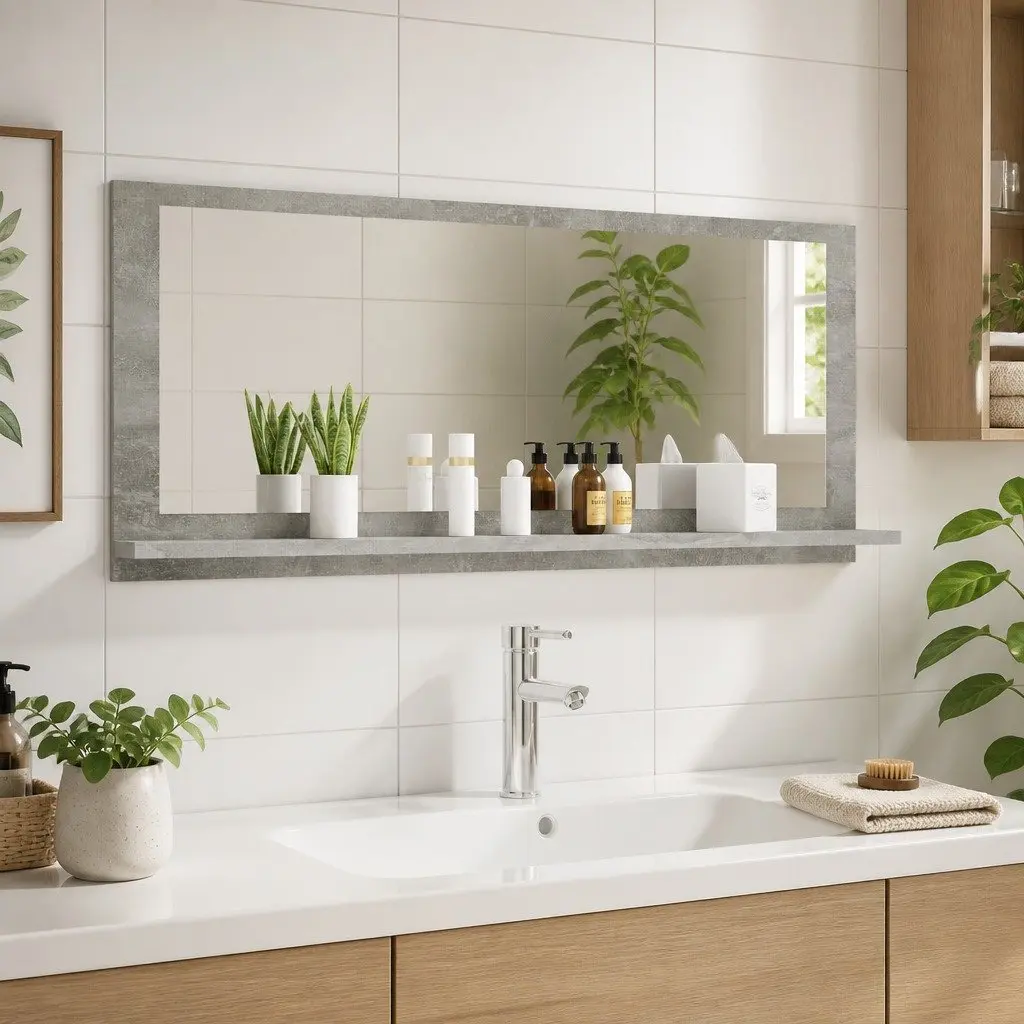 Bathroom Vanity Mirror with Storage Shelf Grey Engineered Wood Wall Mount