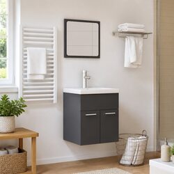 Bathroom Furniture Set 2 Piece Grey High Gloss Cabinet Mirror Engineered Wood