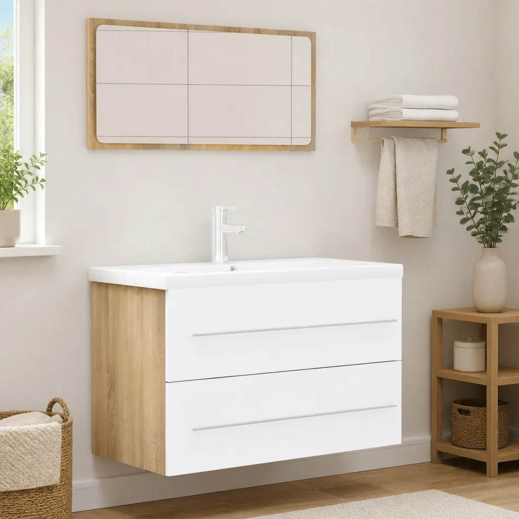 Bathroom Furniture Set 2 Piece Mirror Cabinet Engineered Wood White Sonoma Oak
