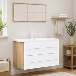 2-Piece Bathroom Set: Mirror and Storage Cabinet in White Oak