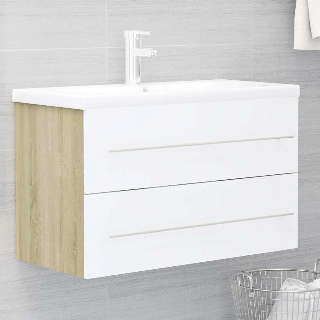 2 Piece Bathroom Cabinet Set with Mirror for Storage Engineered Wood White Sonoma Oak