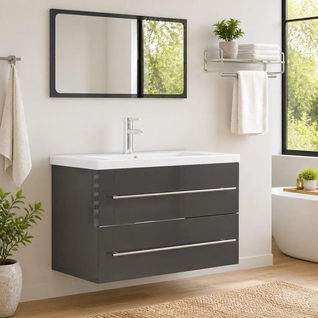 Bathroom Furniture Set Grey High Gloss 2 Piece for Storage and Organization