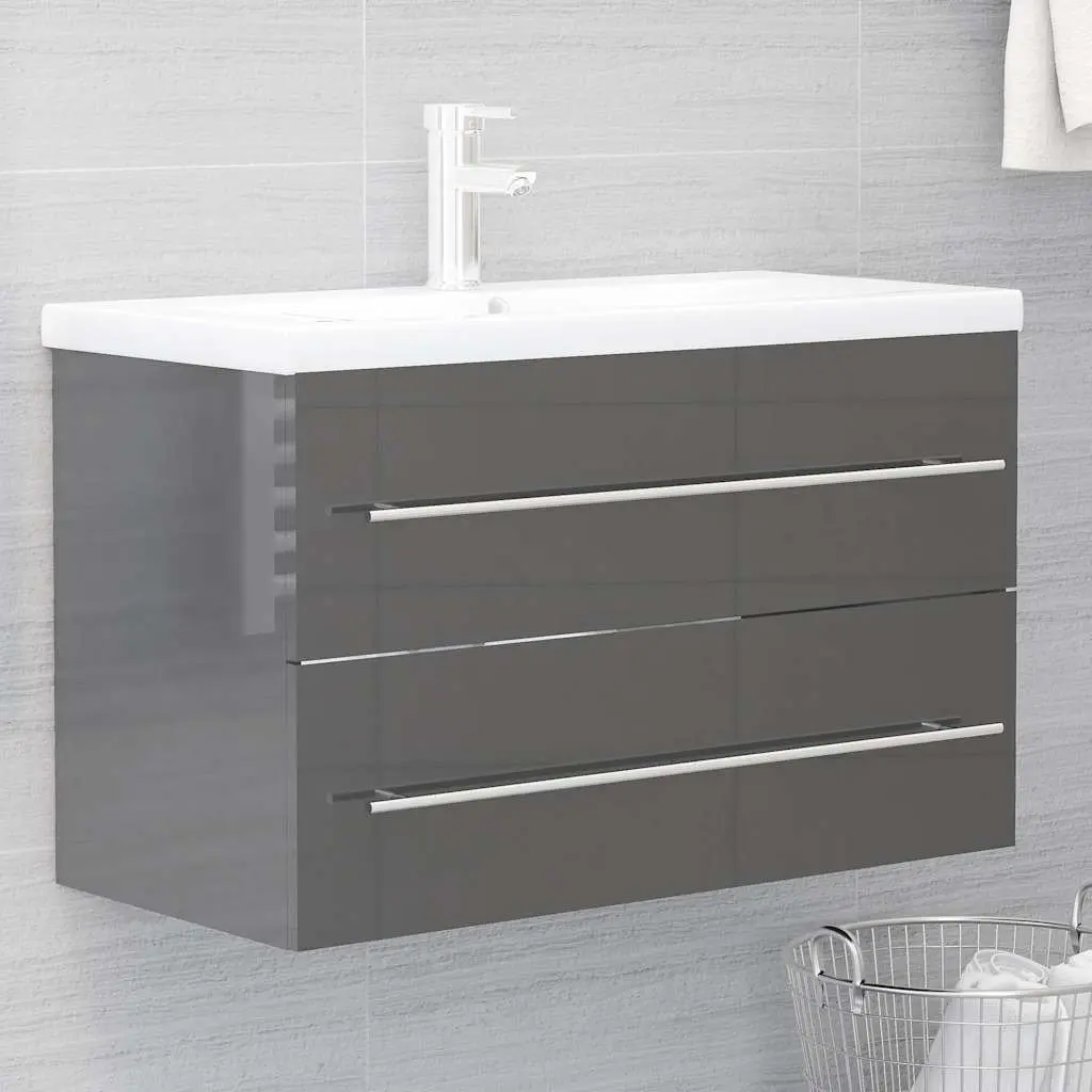 Bathroom Furniture Set Grey High Gloss 2 Piece for Storage and Organization