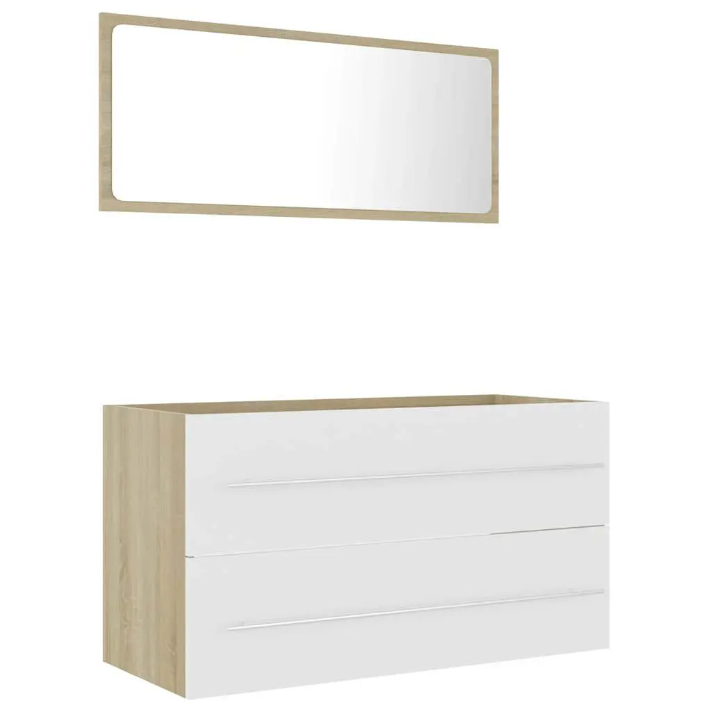 2 Piece Bathroom Set Engineered Wood Cabinet with Mirror White Sonoma Oak