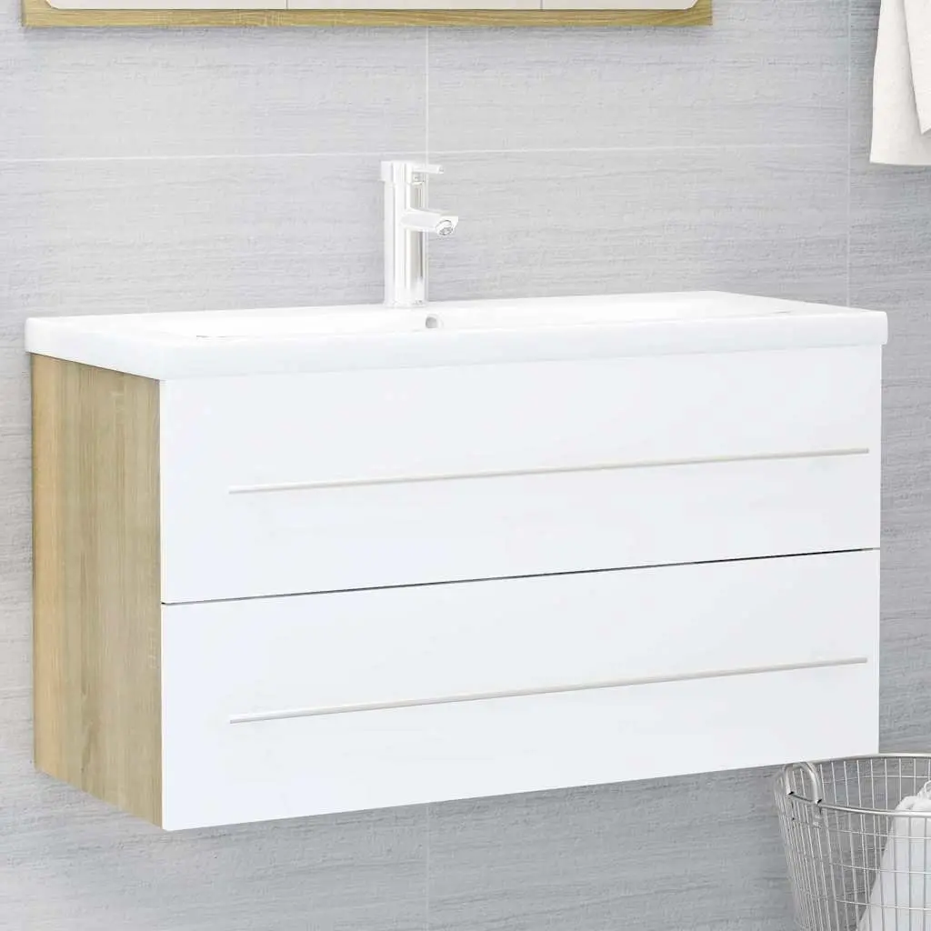 2 Piece Bathroom Set Engineered Wood Cabinet with Mirror White Sonoma Oak