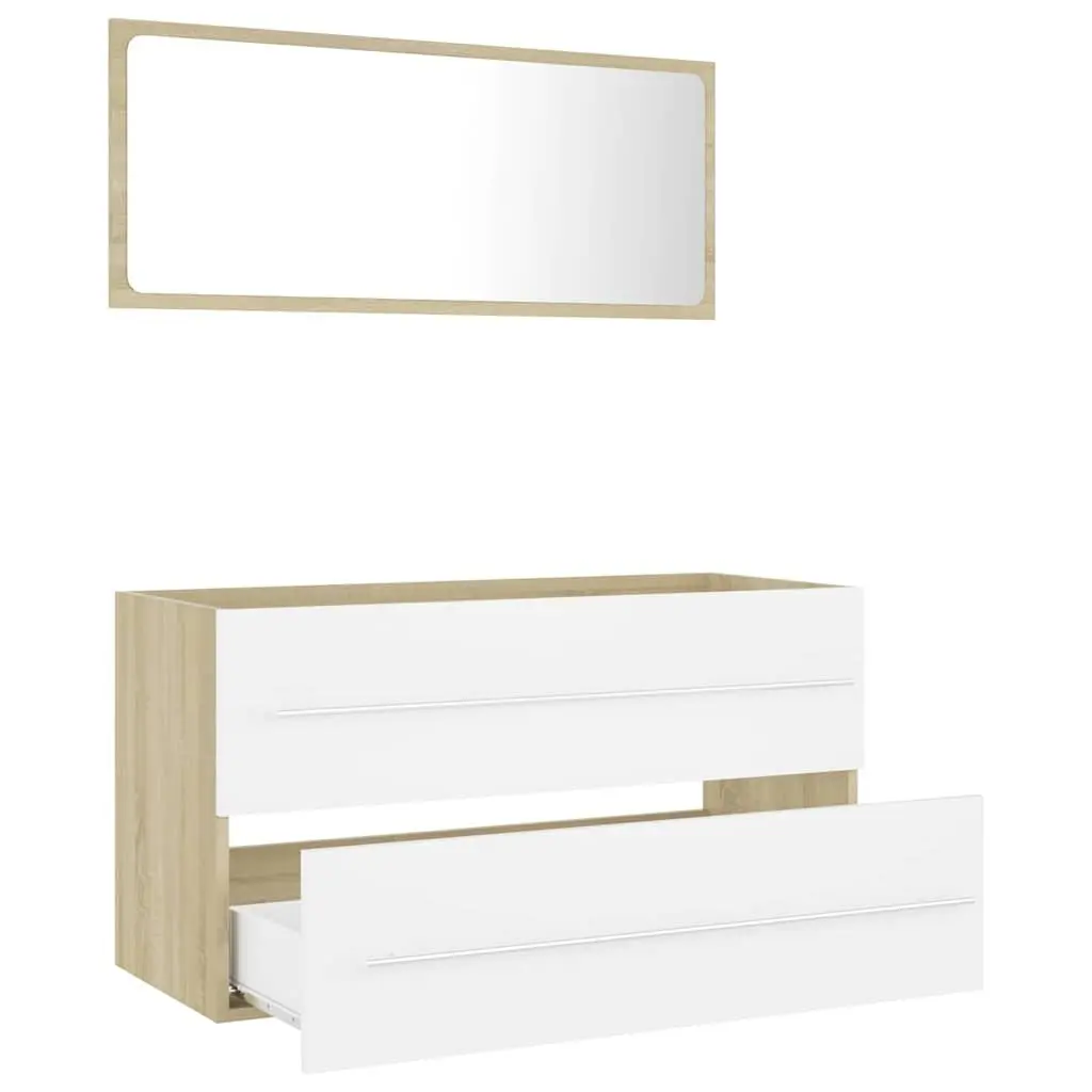 2 Piece Bathroom Set Engineered Wood Cabinet with Mirror White Sonoma Oak