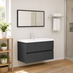 2-Piece Bathroom Furniture Set in Grey: Cabinet & Mirror