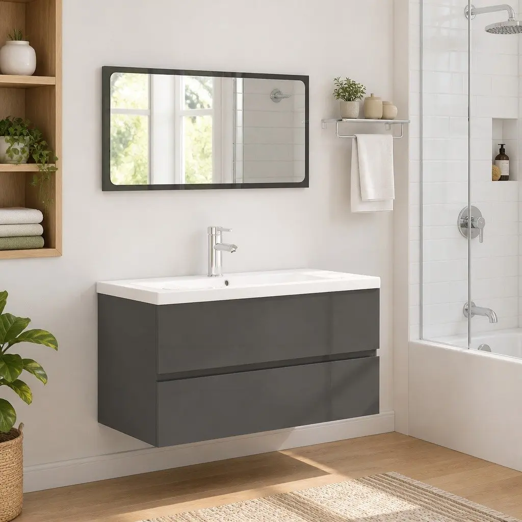 Grey High Gloss Bathroom Cabinet and Mirror