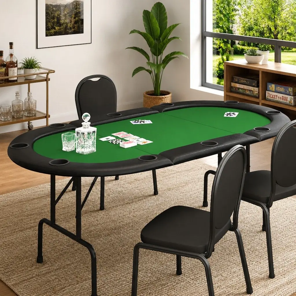 Poker Table 10-Player Folding Gaming Table Green Padded Rim Cup Holders