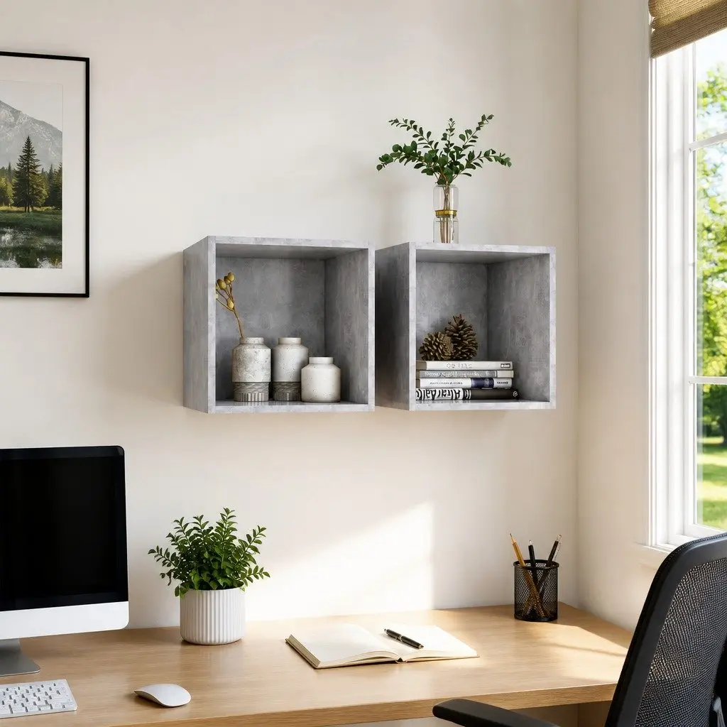 Grey Wall Storage Unit Pair 37x37x37cm Engineered Wood Floating Shelf