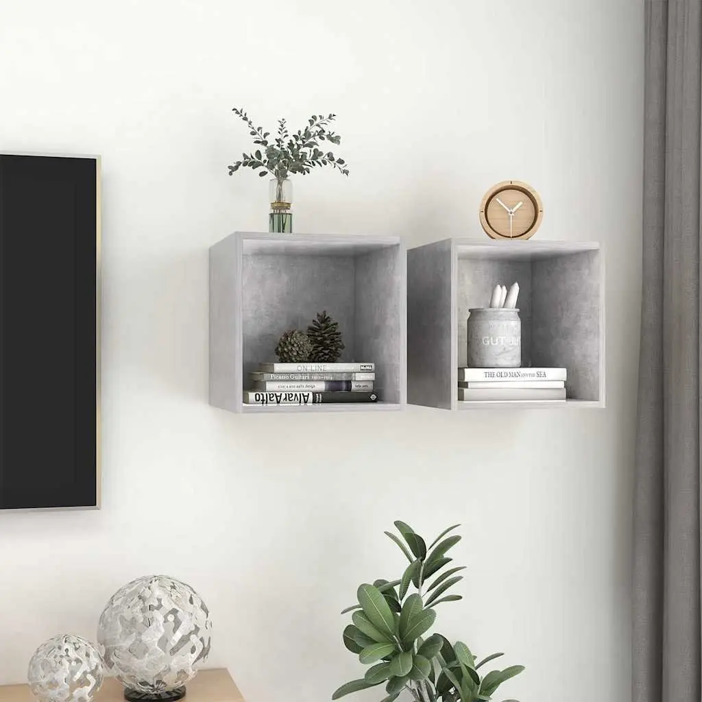 Grey Wall Storage Unit Pair 37x37x37cm Engineered Wood Floating Shelf