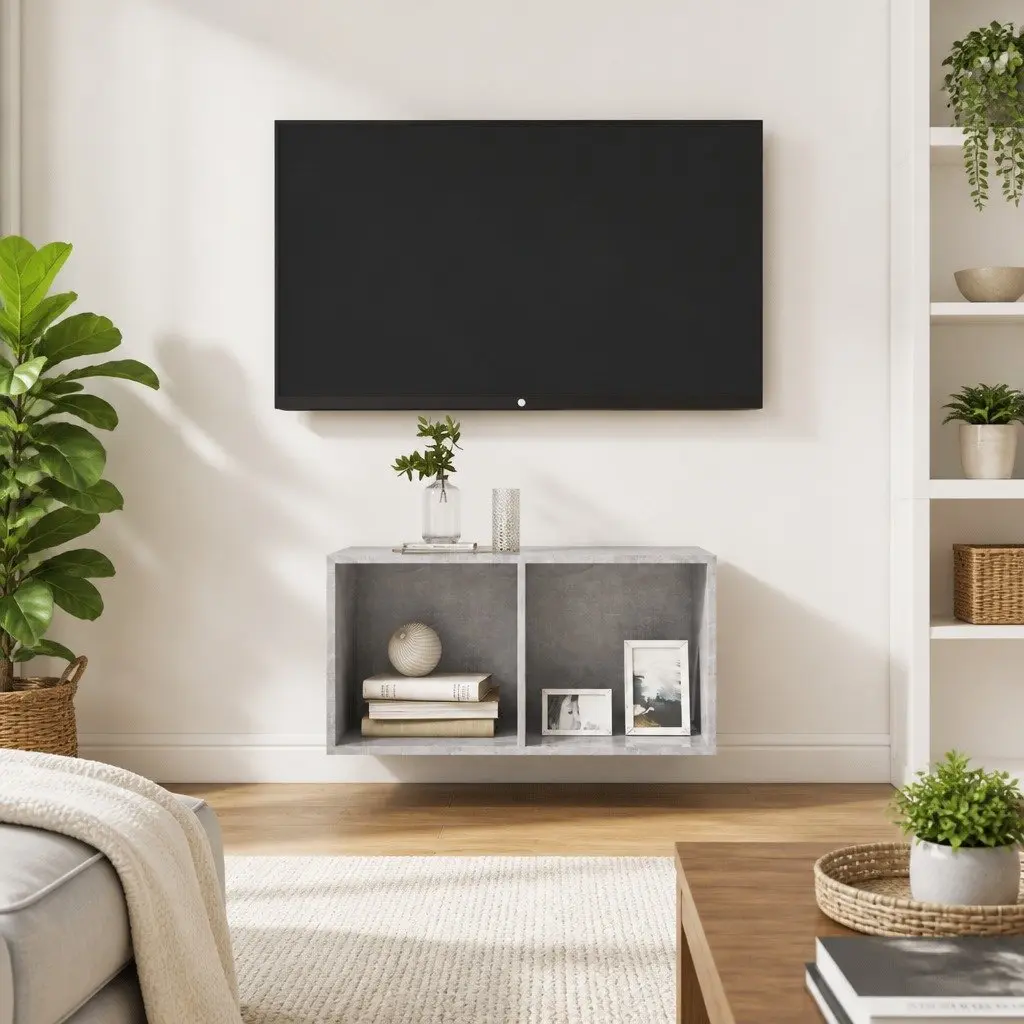 Wall-mounted TV Cabinet Living Room Grey Concrete Engineered Wood 37 x 37 x 72 cm