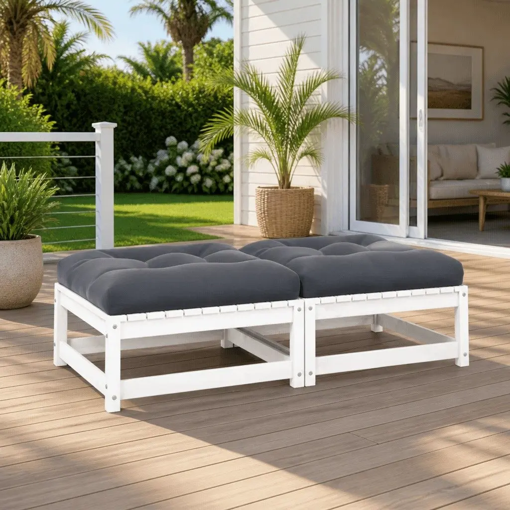 Outdoor Footstools 2 Piece Garden Patio White Solid Wood with Cushions
