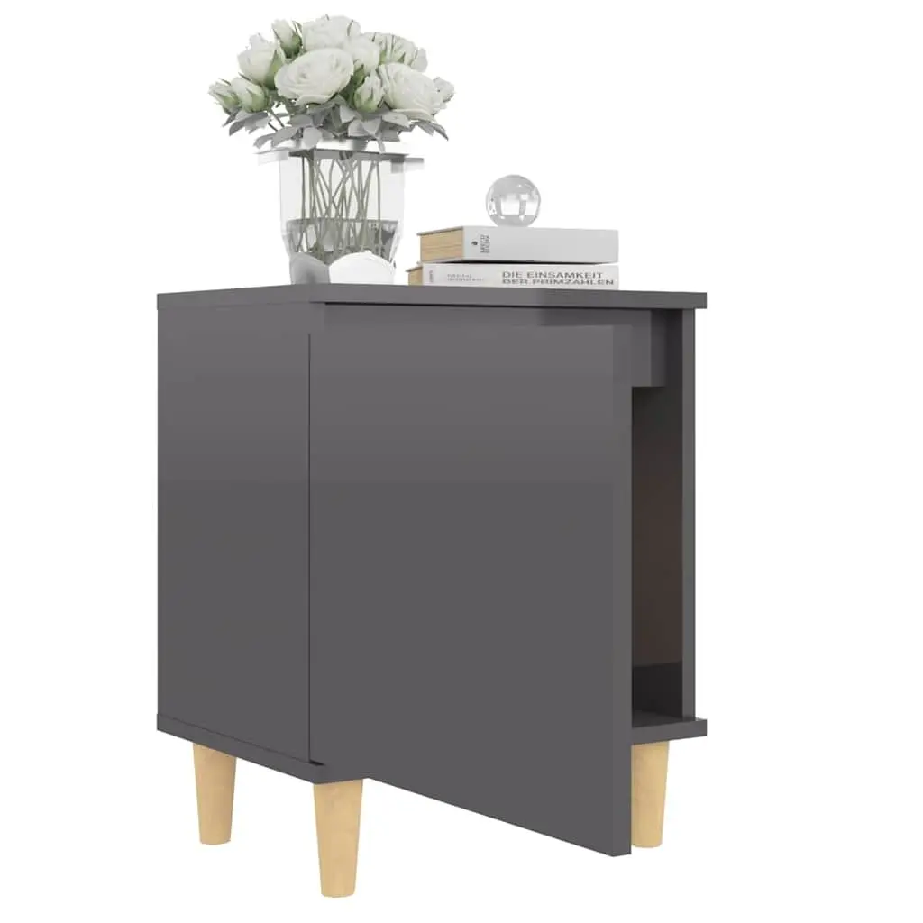 Bedside Table Grey High Gloss Nightstand Cabinet Wooden Legs Storage Compartment