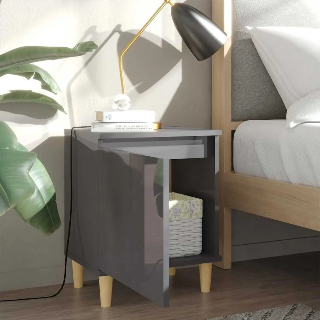 Bedside Table Grey High Gloss Nightstand Cabinet Wooden Legs Storage Compartment