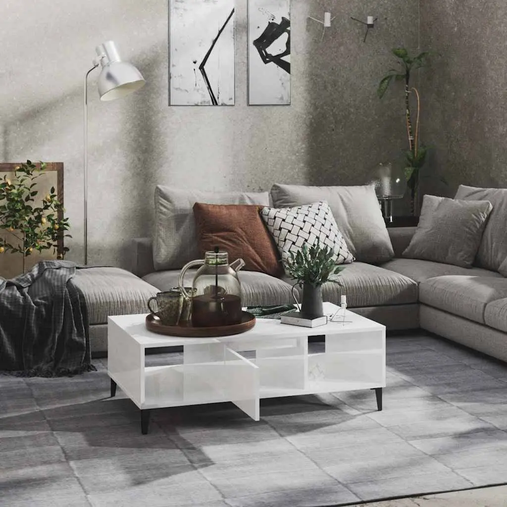 Coffee Table White High Gloss Storage Compartment Shelves Living Room Furniture