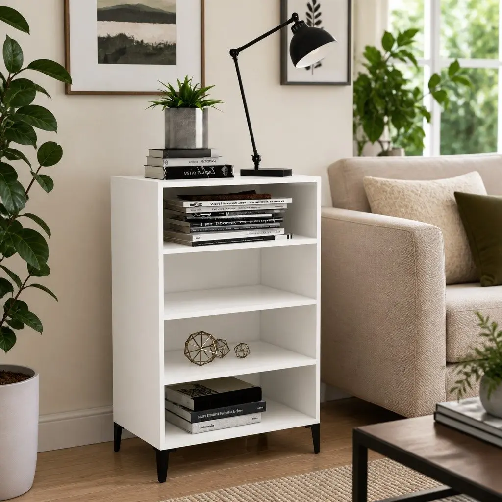 White Sideboard Storage Cabinet 4 Shelf Engineered Wood Living Room Buffet