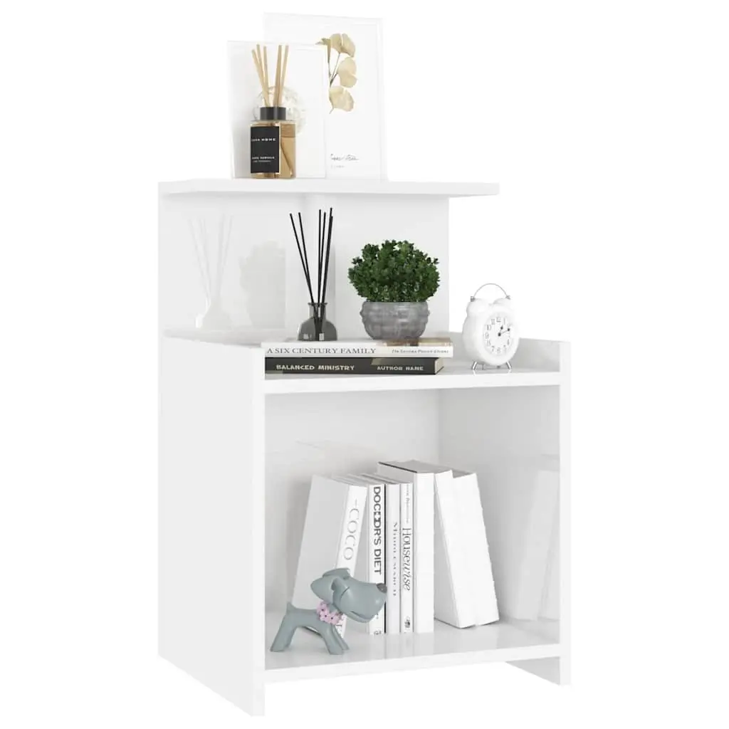 Bedside Table White High Gloss 3 Open Shelves Nightstand Storage Cabinet