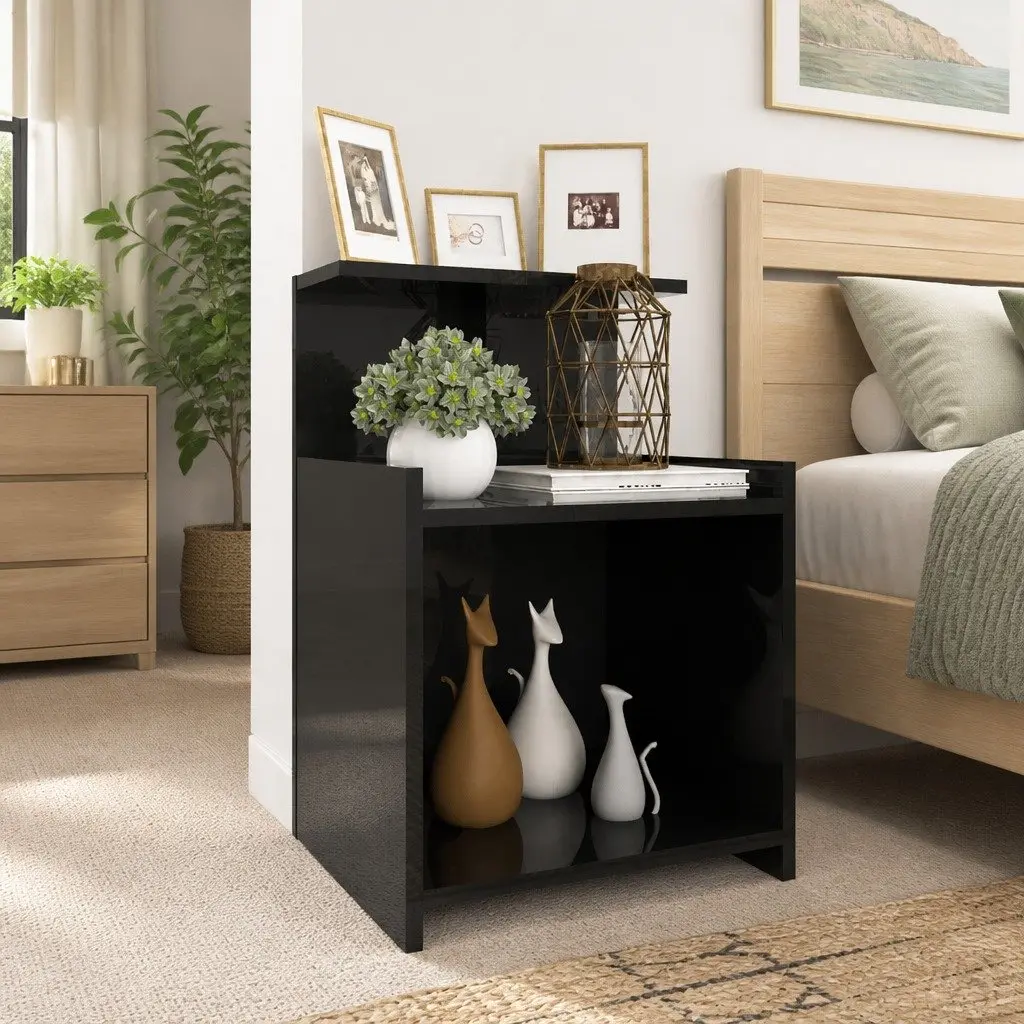 Black High Gloss Nightstand with Storage