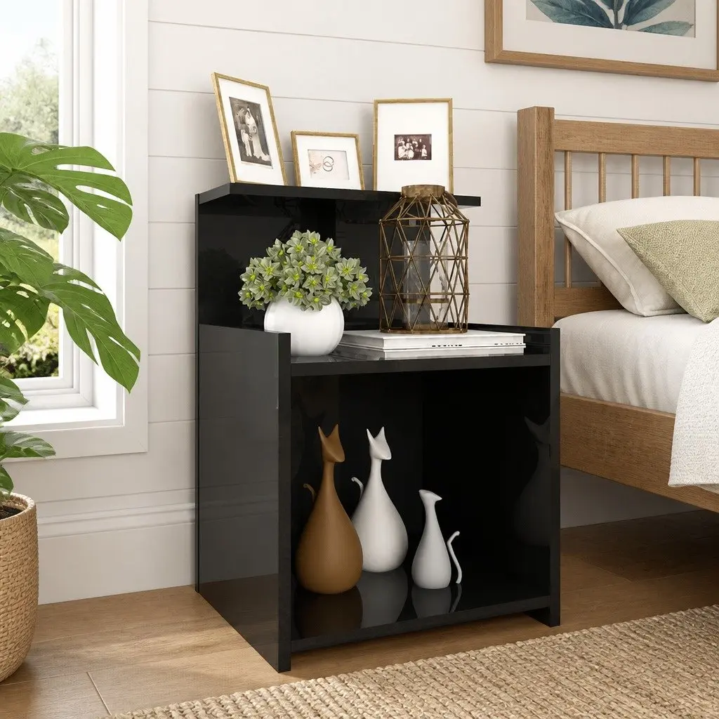 Bedside Tables for Bedroom 2 Piece High Gloss Black Nightstand Set