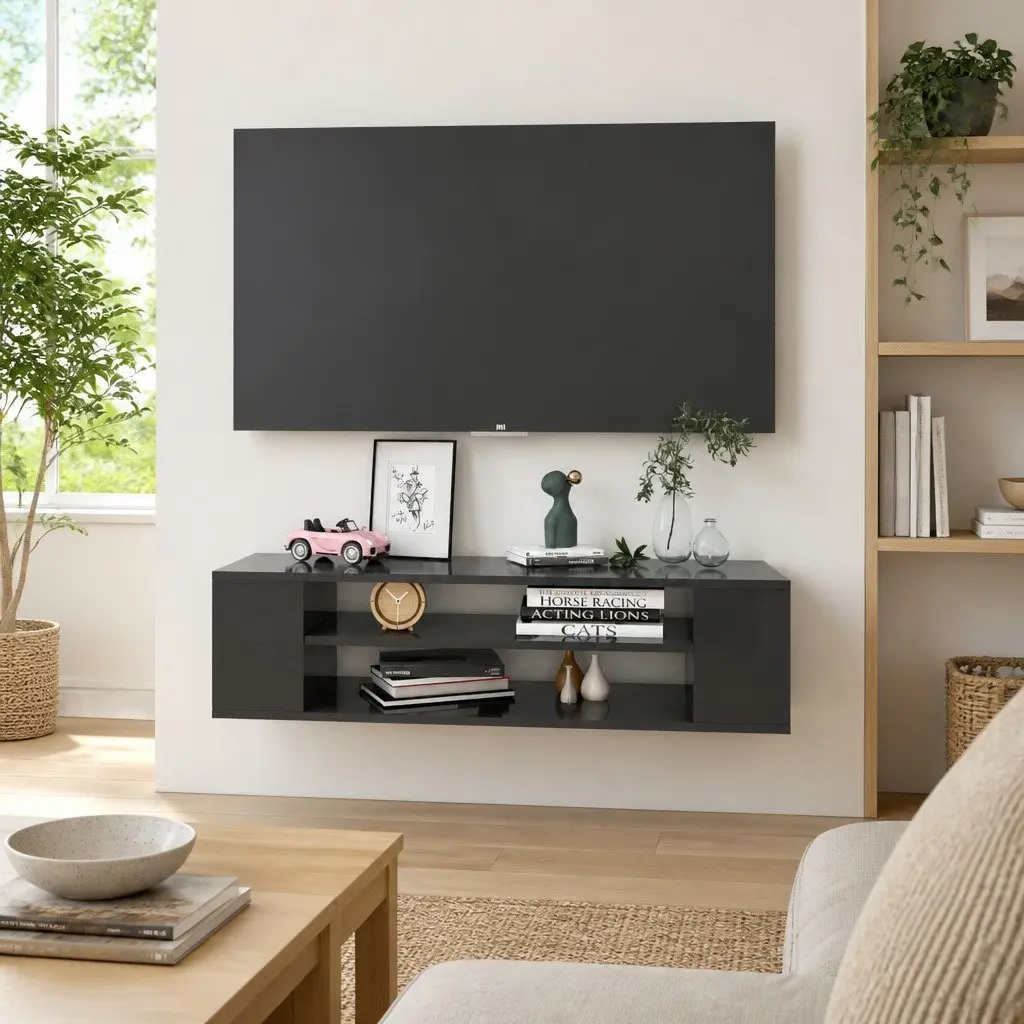 Grey Wall-Mounted TV Cabinet for Living Room with Open Compartments 100x30x26.5cm