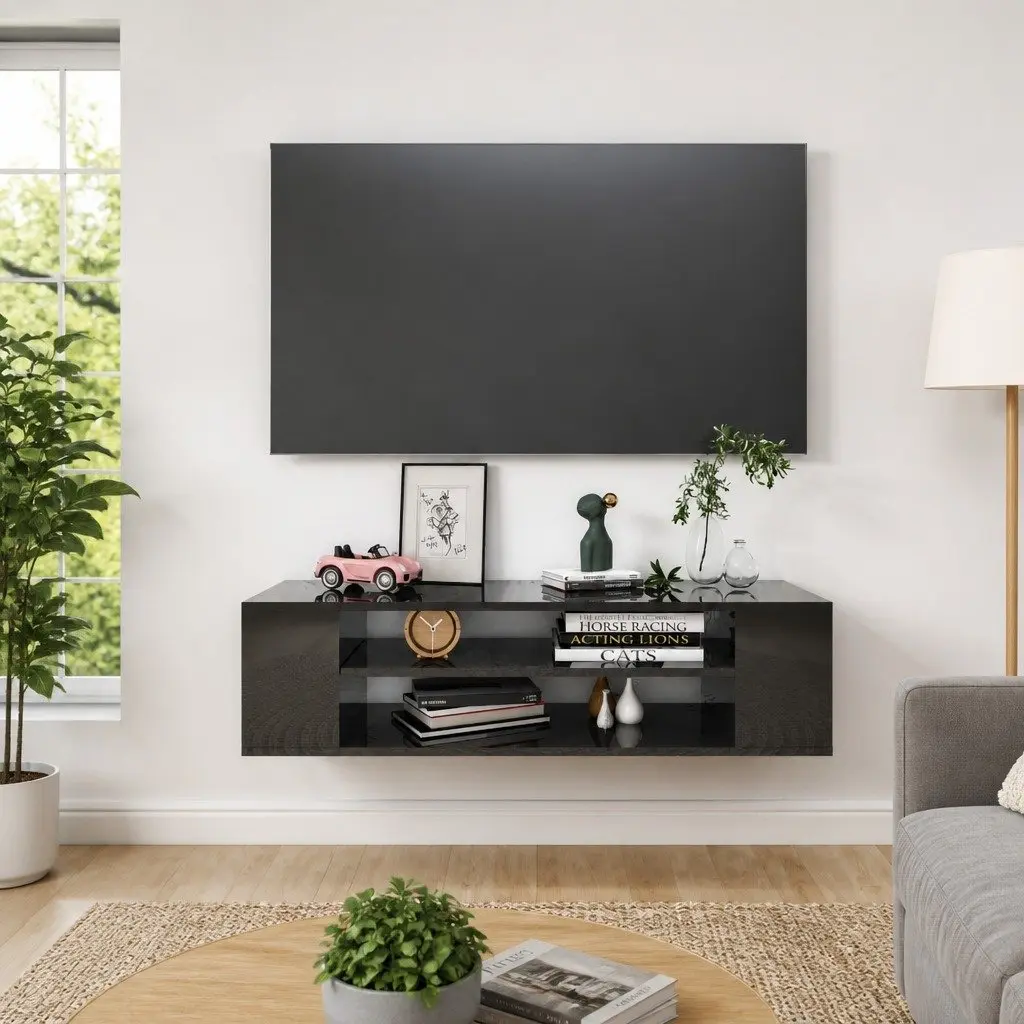 Wall-Mounted High Gloss Black TV Cabinet