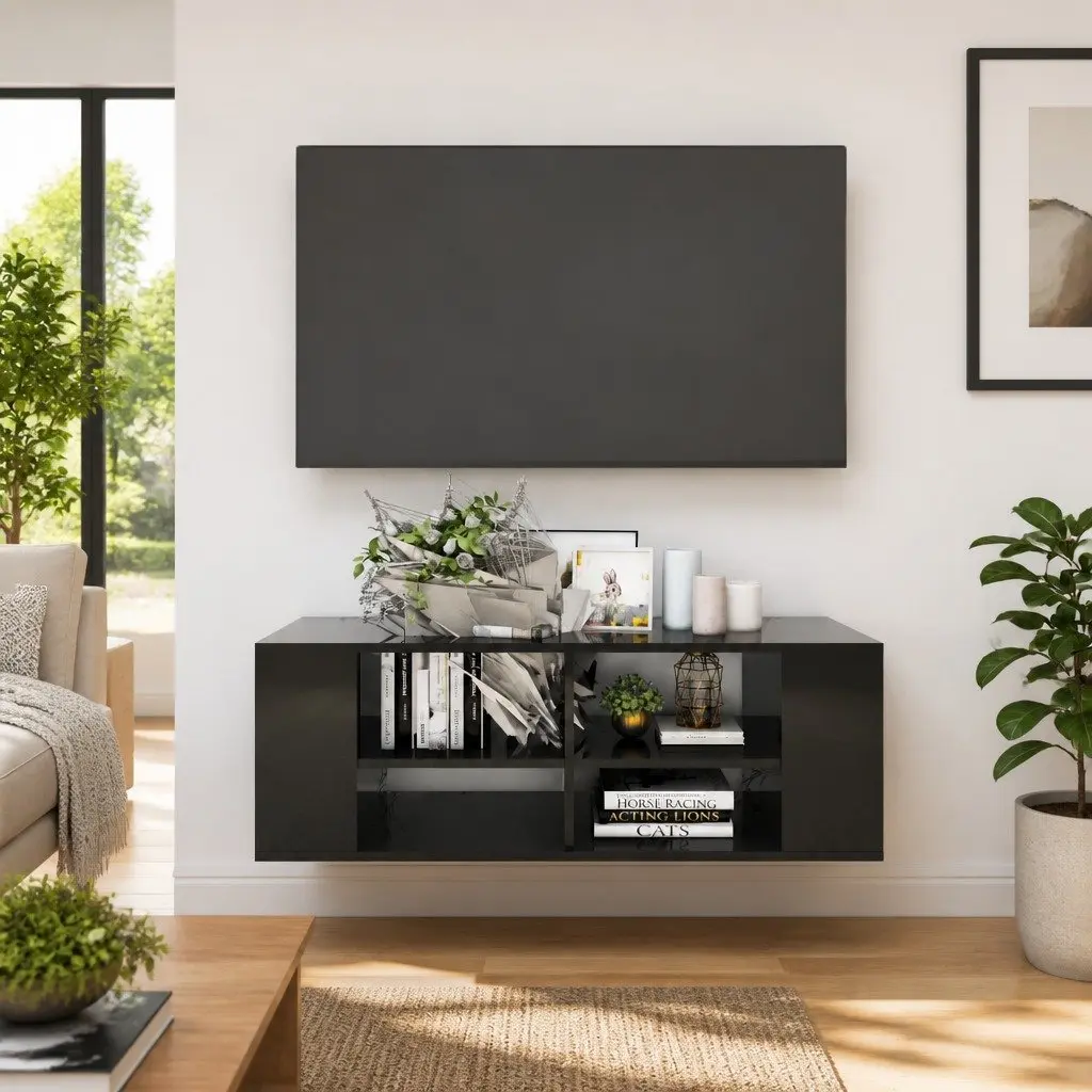 Wall-Mounted Black High Gloss TV Cabinet