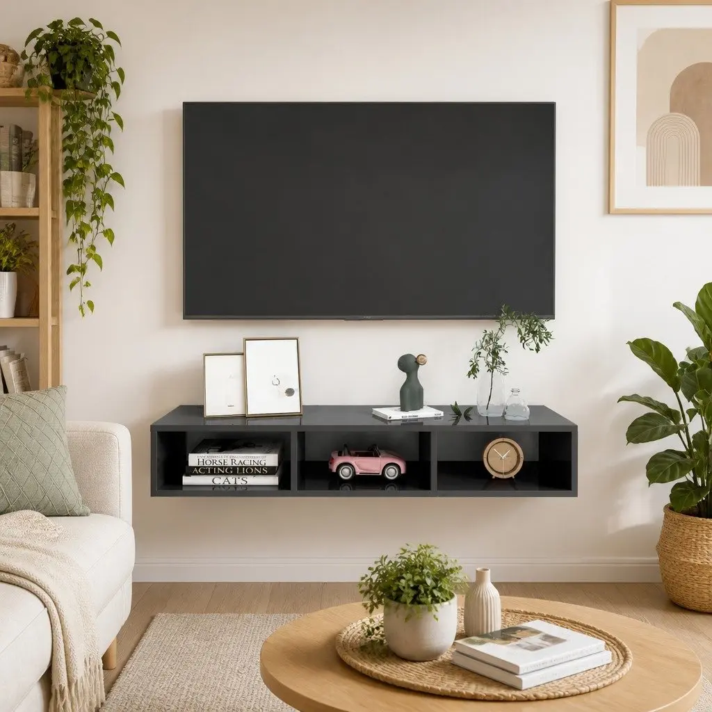 Wall Shelf Grey High Gloss Floating Cabinet Storage Organiser 102 x 30 x 17 cm