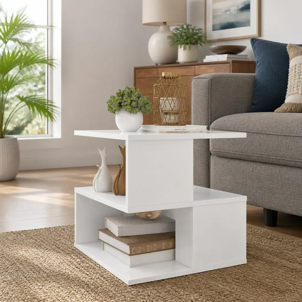 White End Table for Living Room 40 x 40 x 40 cm with 2 Shelves Modern Accent Storage Side Table Furniture