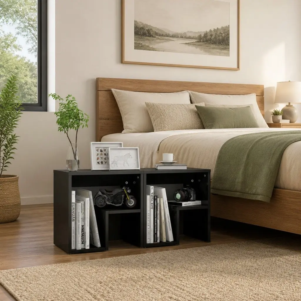 Bedside Tables Grey High Gloss 2 Piece Nightstands with Shelf
