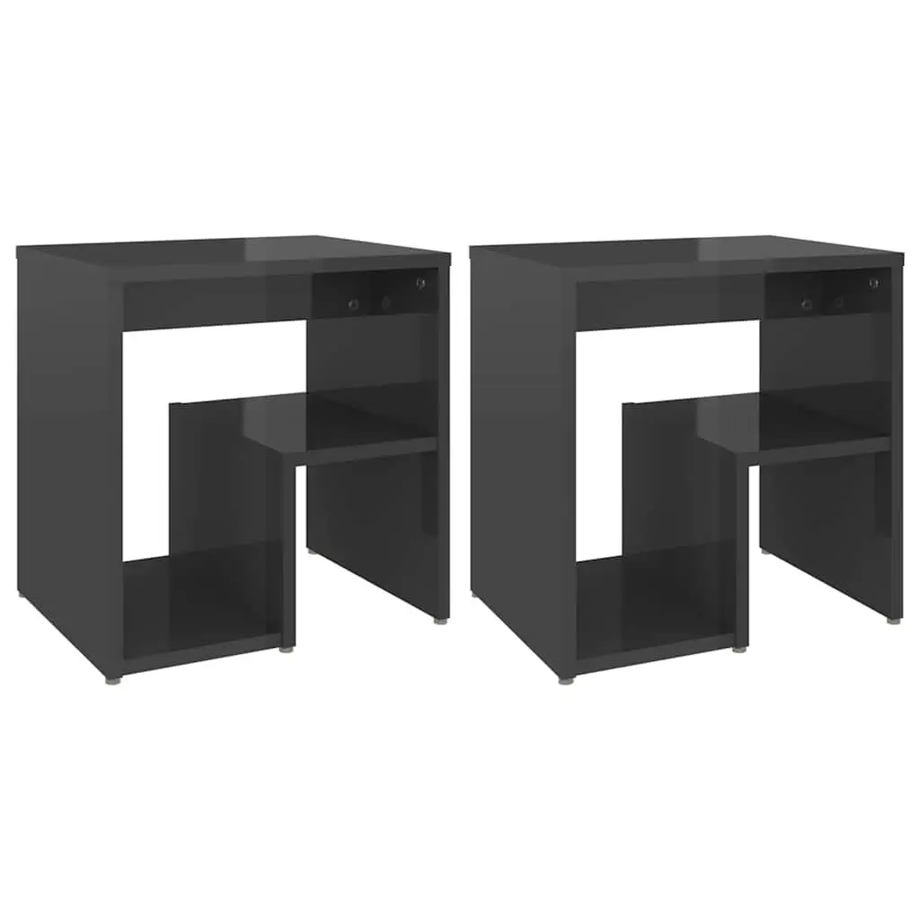 Bedside Tables Grey High Gloss 2 Piece Nightstands with Shelf