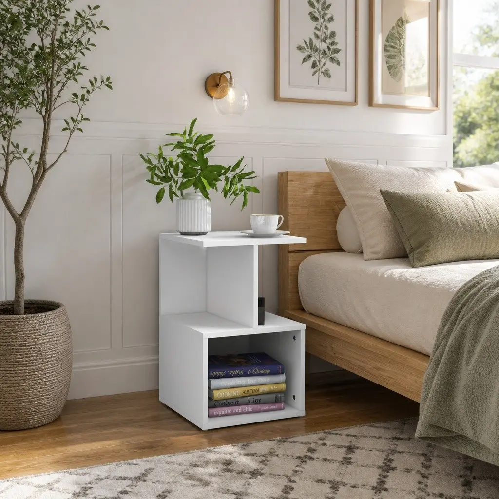Bedside Cabinet White Open Compartments Nightstand Bedroom Storage Table