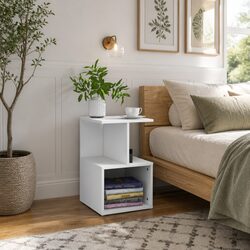 Bedside Cabinet White Open Compartments Nightstand Bedroom Storage Table
