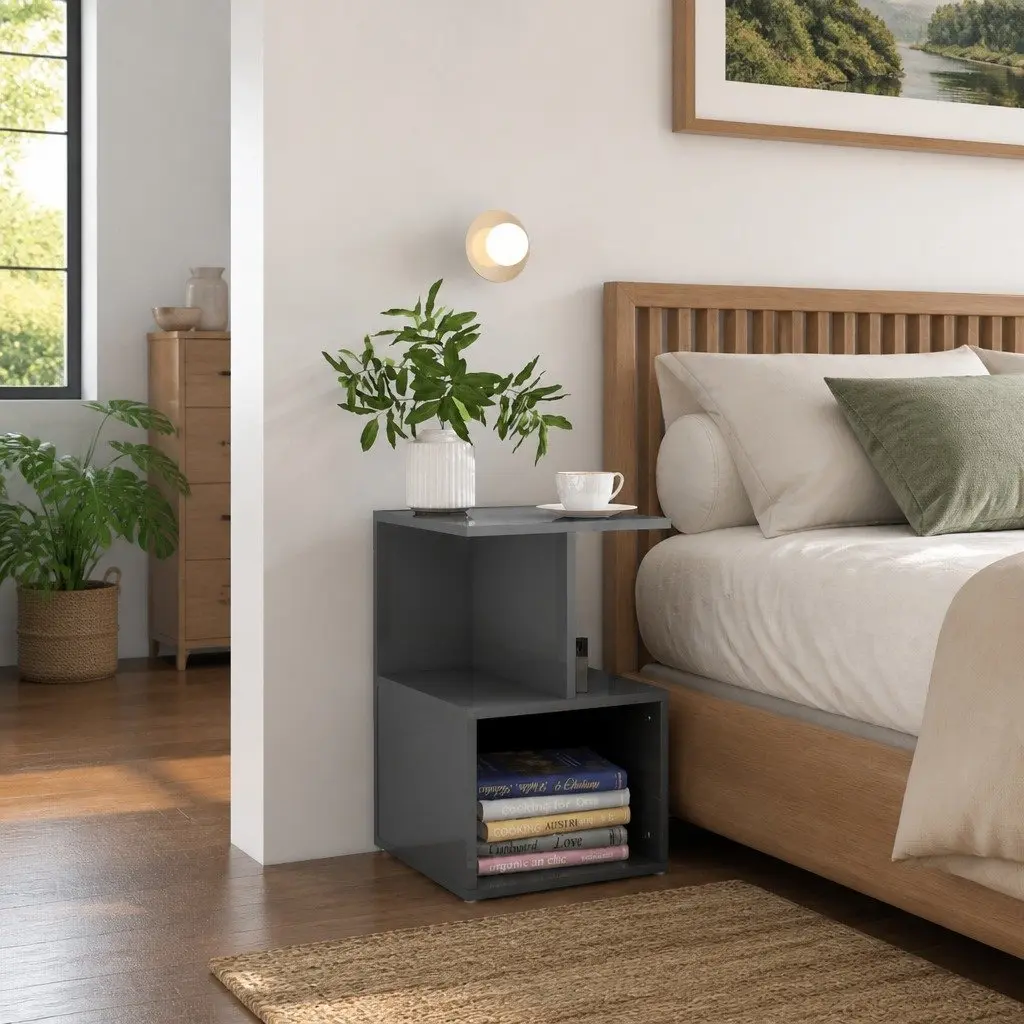 Bedside Cabinet Grey High Gloss Open Compartments Storage Nightstand Table