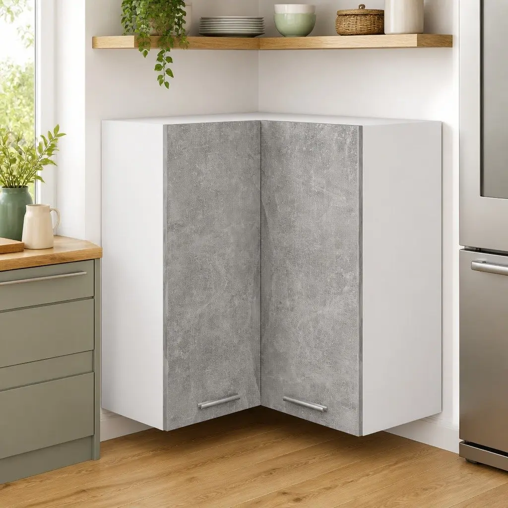 Grey Corner Cabinet Wall Mounted Storage Unit with Two Doors and Two Shelves for Kitchen Use
